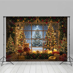 Aperturee - Aperturee Cozy Christmas Window Photography Backdrop Teddy Bears and Trees with a Snowy View Holiday Photo Background