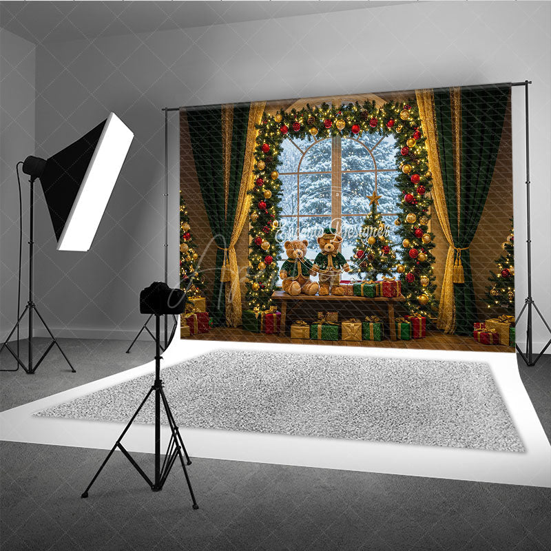 Aperturee - Aperturee Cozy Christmas Window Photography Backdrop Teddy Bears in Snowy Alcove Holiday Mini Session Background
