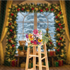Aperturee - Aperturee Cozy Christmas Window Photography Backdrop Teddy Bears in Snowy Alcove Holiday Mini Session Background