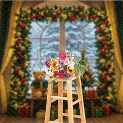 Aperturee - Aperturee Cozy Christmas Window Photography Backdrop Teddy Bears in Snowy Alcove Holiday Mini Session Background