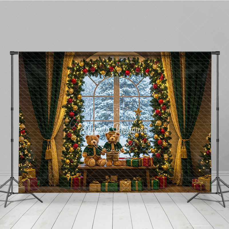 Aperturee - Aperturee Cozy Christmas Window Photography Backdrop Teddy Bears in Snowy Alcove Holiday Mini Session Background