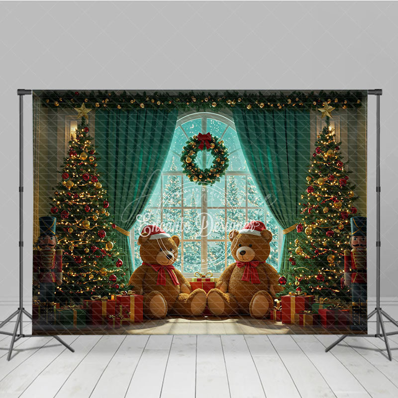 Aperturee - Aperturee Cozy Christmas Window Photography Backdrop Teddy Bears with Santa Hats Holiday Mini Session Background