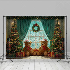 Aperturee - Aperturee Cozy Christmas Window Photography Backdrop Teddy Bears with Santa Hats Holiday Mini Session Background