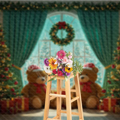 Aperturee - Aperturee Cozy Christmas Window Photography Backdrop Teddy Bears with Santa Hats Holiday Mini Session Background