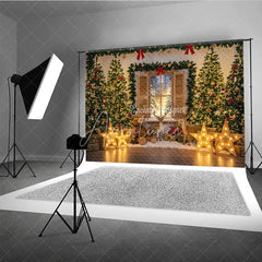Aperturee - Aperturee Cozy Christmas Window Photography Backdrop with Reindeer and Teddy Bear Lighted Stars Holiday Photo Background