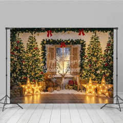 Aperturee - Aperturee Cozy Christmas Window Photography Backdrop with Reindeer and Teddy Bear Lighted Stars Holiday Photo Background