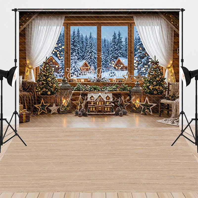 Aperturee - Aperturee Cozy Christmas Winter Cabin Window View Combo Set Backdrop with Snowy Forest Holiday Party Photography Decor