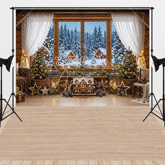 Aperturee - Aperturee Cozy Christmas Winter Cabin Window View Combo Set Backdrop with Snowy Forest Holiday Party Photography Decor
