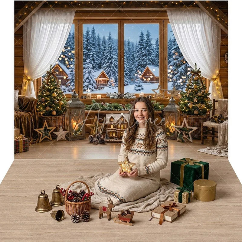Aperturee - Aperturee Cozy Christmas Winter Cabin Window View Combo Set Backdrop with Snowy Forest Holiday Party Photography Decor