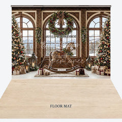Aperturee - Aperturee Cozy Christmas Winter Wonderland Combo Set Backdrop Snowy Mountain Window Rocking Horse and Decorated Trees Decor