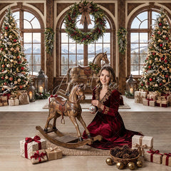 Aperturee - Aperturee Cozy Christmas Winter Wonderland Combo Set Backdrop Snowy Mountain Window Rocking Horse and Decorated Trees Decor