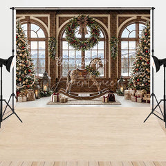 Aperturee - Aperturee Cozy Christmas Winter Wonderland Combo Set Backdrop Snowy Mountain Window Rocking Horse and Decorated Trees Decor
