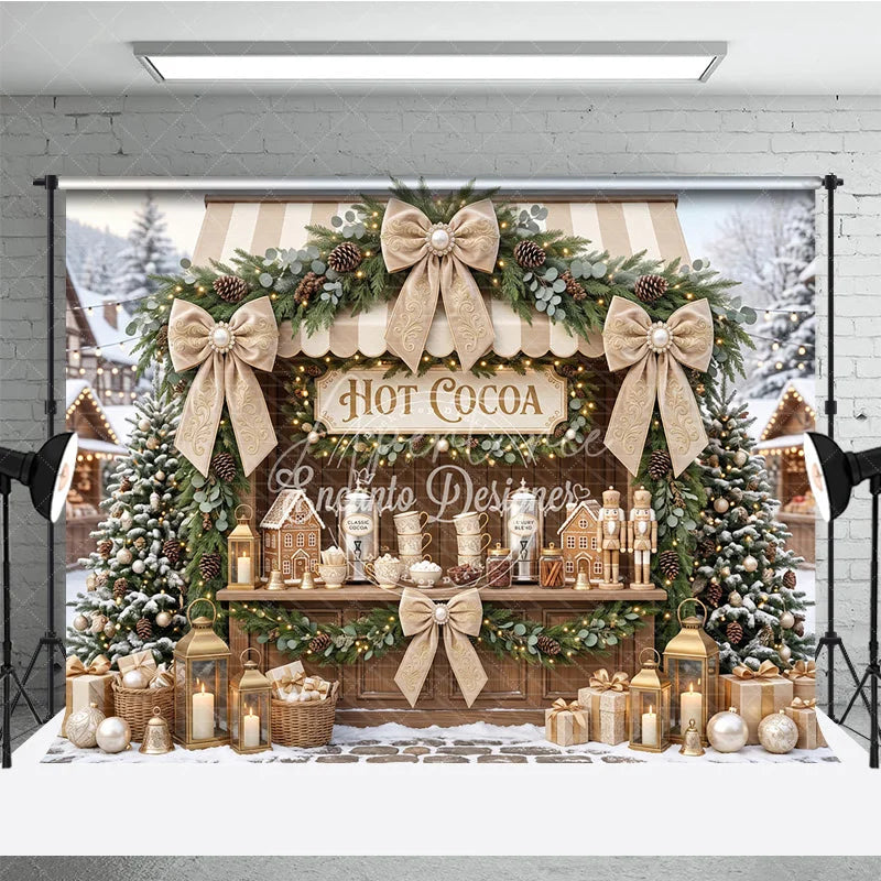Aperturee - Aperturee Cozy Hot Cocoa Stand Christmas Holiday Backdrop with Snowy Trees Elegant Garlands and Gingerbread Decor