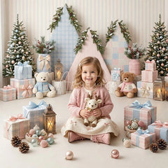 Aperturee - Aperturee Cozy Pastel Pink and Blue Christmas Tree with Teddy Bears and Gifts Combo Set Backdrop Holiday Photography
