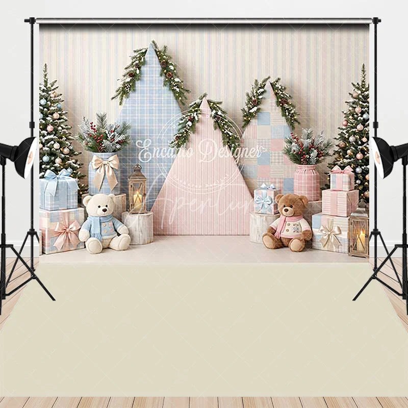 Aperturee - Aperturee Cozy Pastel Pink and Blue Christmas Tree with Teddy Bears and Gifts Combo Set Backdrop Holiday Photography