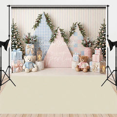 Aperturee - Aperturee Cozy Pastel Pink and Blue Christmas Tree with Teddy Bears and Gifts Combo Set Backdrop Holiday Photography