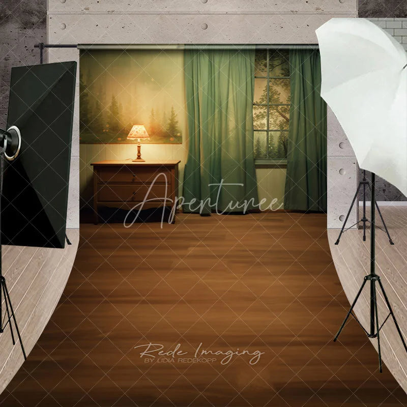 Aperturee - Aperturee Cozy Room Interior with Forest Window View and Wooden Floor Sweep Backdrop Rustic Photography Prop