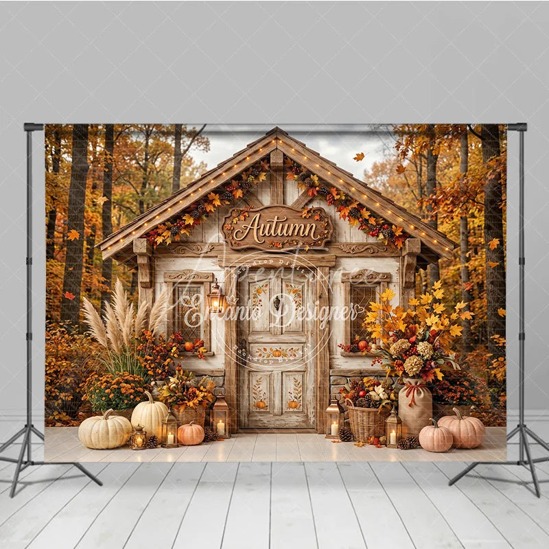 Aperturee - Aperturee Cozy Rustic Autumn Cabin Photography Backdrop with Fall Forest Pumpkins and Harvest Decor for Seasonal Photoshoot