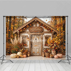 Aperturee - Aperturee Cozy Rustic Autumn Cabin Photography Backdrop with Fall Forest Pumpkins and Harvest Decor for Seasonal Photoshoot