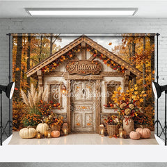 Aperturee - Aperturee Cozy Rustic Autumn Cabin Photography Backdrop with Fall Forest Pumpkins and Harvest Decor for Seasonal Photoshoot