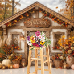 Aperturee - Aperturee Cozy Rustic Autumn Cabin Photography Backdrop with Fall Forest Pumpkins and Harvest Decor for Seasonal Photoshoot