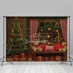 Aperturee - Aperturee Cozy Rustic Christmas Photography Backdrop Wood Wall with Teddy Bears and Tree Holiday Mini Session Background