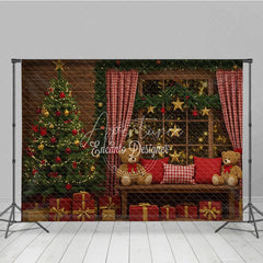 Aperturee - Aperturee Cozy Rustic Christmas Photography Backdrop Wood Wall with Teddy Bears and Tree Holiday Mini Session Background