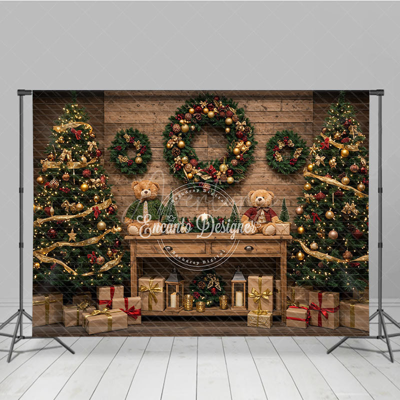 Aperturee - Aperturee Cozy Rustic Christmas Photography Backdrop Wood Wall with Teddy Bears and Trees Farmhouse Holiday Background