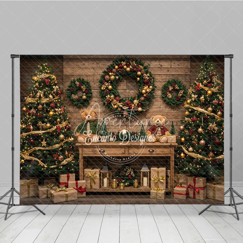 Aperturee - Aperturee Cozy Rustic Christmas Photography Backdrop Wood Wall with Teddy Bears and Trees Farmhouse Holiday Background
