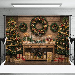 Aperturee - Aperturee Cozy Rustic Christmas Photography Backdrop Wood Wall with Teddy Bears and Trees Farmhouse Holiday Background
