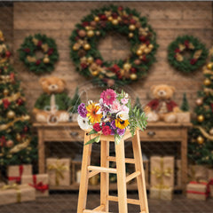 Aperturee - Aperturee Cozy Rustic Christmas Photography Backdrop Wood Wall with Teddy Bears and Trees Farmhouse Holiday Background