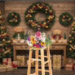 Aperturee - Aperturee Cozy Rustic Christmas Photography Backdrop Wood Wall with Teddy Bears and Trees Farmhouse Holiday Background