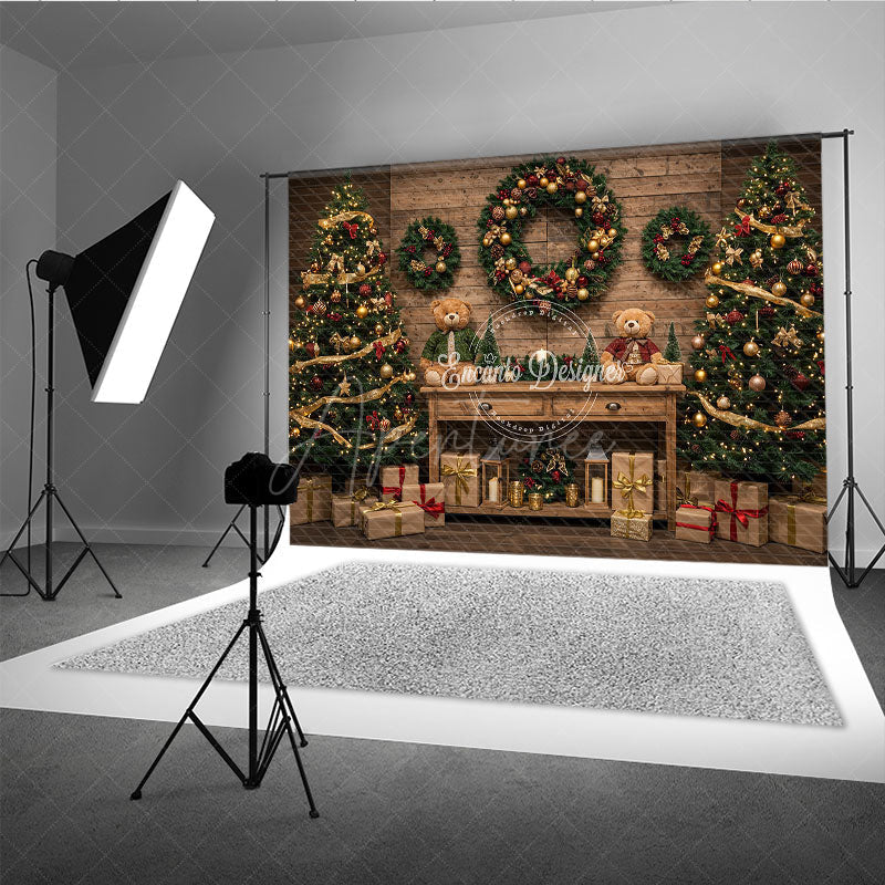 Aperturee - Aperturee Cozy Rustic Christmas Photography Backdrop Wood Wall with Teddy Bears and Trees Farmhouse Holiday Background