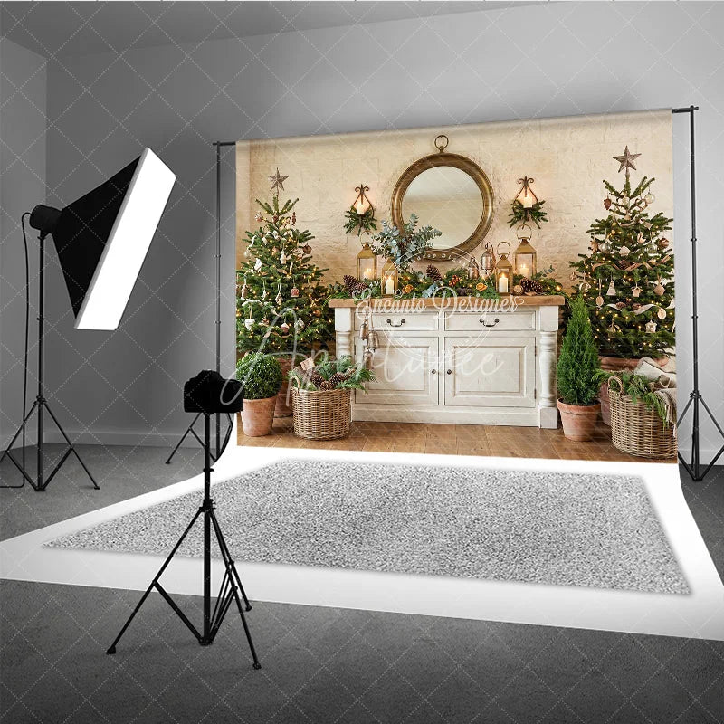 Aperturee - Aperturee Cozy Rustic Christmas Trees and White Cabinet Holiday Backdrop Elegant Gold Mirror and Lanterns Decor