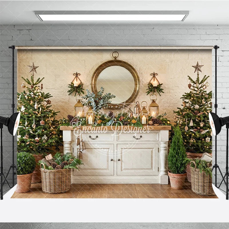 Aperturee - Aperturee Cozy Rustic Christmas Trees and White Cabinet Holiday Backdrop Elegant Gold Mirror and Lanterns Decor