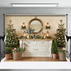 Aperturee - Aperturee Cozy Rustic Christmas Trees and White Cabinet Holiday Backdrop Elegant Gold Mirror and Lanterns Decor