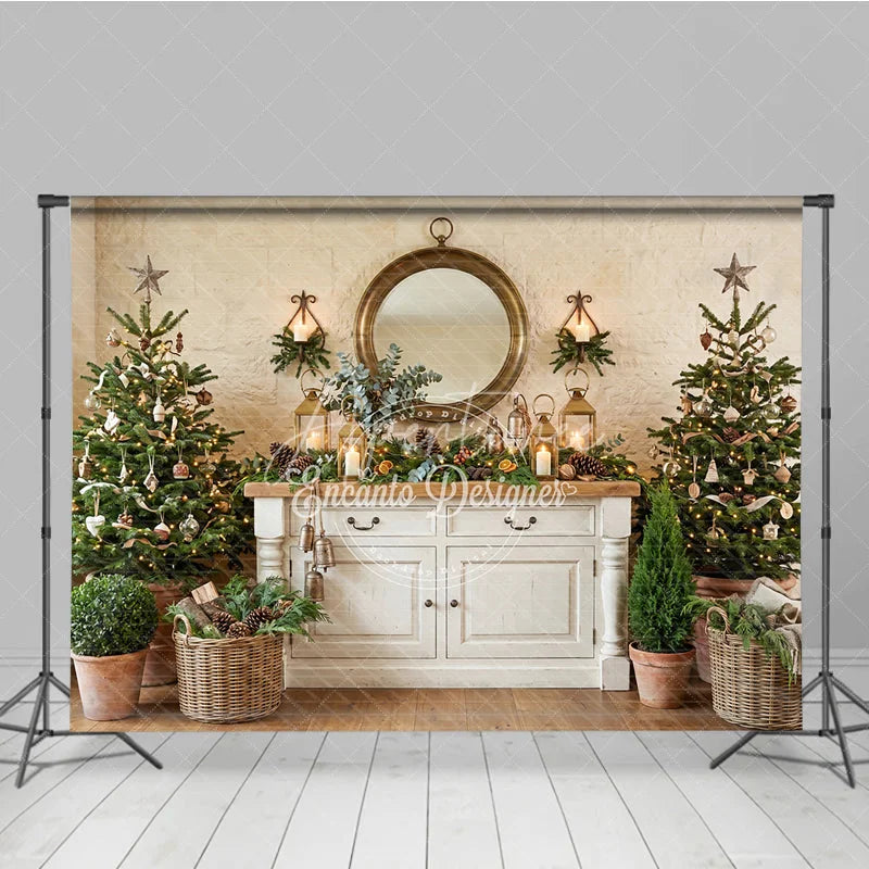 Aperturee - Aperturee Cozy Rustic Christmas Trees and White Cabinet Holiday Backdrop Elegant Gold Mirror and Lanterns Decor