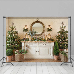 Aperturee - Aperturee Cozy Rustic Christmas Trees and White Cabinet Holiday Backdrop Elegant Gold Mirror and Lanterns Decor