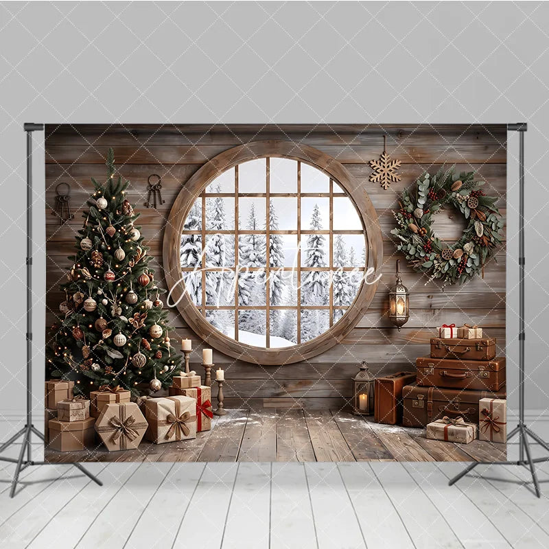 Aperturee - Aperturee Cozy Rustic Wooden Cabin Christmas Tree Holiday Backdrop Snowy Window Winter Gifts and Wreath Decor