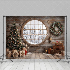 Aperturee - Aperturee Cozy Rustic Wooden Cabin Christmas Tree Holiday Backdrop Snowy Window Winter Gifts and Wreath Decor