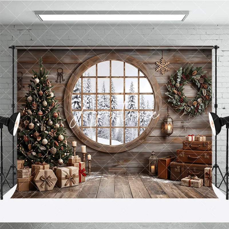 Aperturee - Aperturee Cozy Rustic Wooden Cabin Christmas Tree Holiday Backdrop Snowy Window Winter Gifts and Wreath Decor