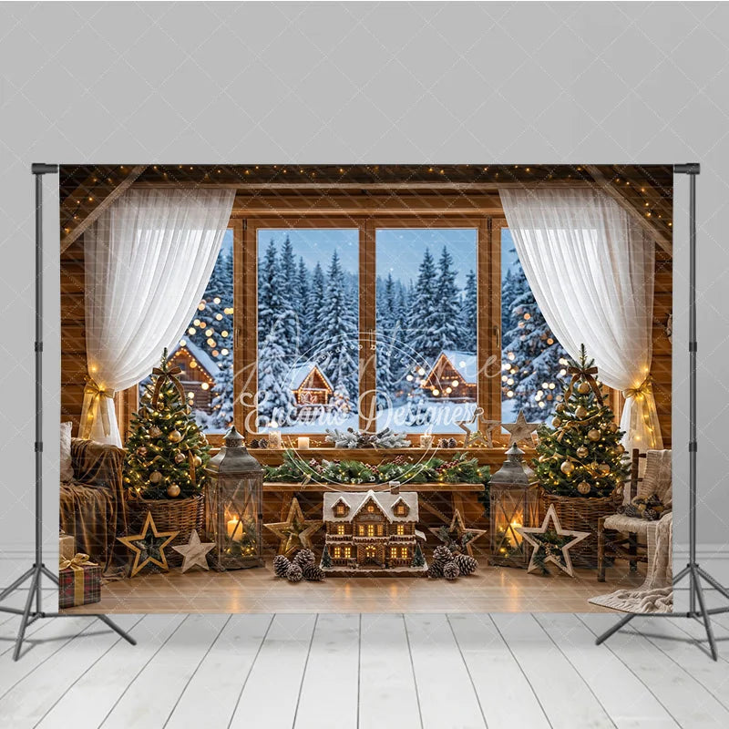 Aperturee - Aperturee Cozy Rustic Wooden Cabin Window Holiday Backdrop with Snowy Forest Christmas Trees and Festive Lights