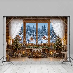Aperturee - Aperturee Cozy Rustic Wooden Cabin Window Holiday Backdrop with Snowy Forest Christmas Trees and Festive Lights