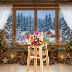 Aperturee - Aperturee Cozy Rustic Wooden Cabin Window Holiday Backdrop with Snowy Forest Christmas Trees and Festive Lights