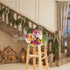 Aperturee - Aperturee Cozy Rustic Wooden Staircase Christmas Garland Holiday Backdrop Snowy Window Winter Festive Decor