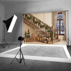 Aperturee - Aperturee Cozy Rustic Wooden Staircase Christmas Garland Holiday Backdrop Snowy Window Winter Festive Decor