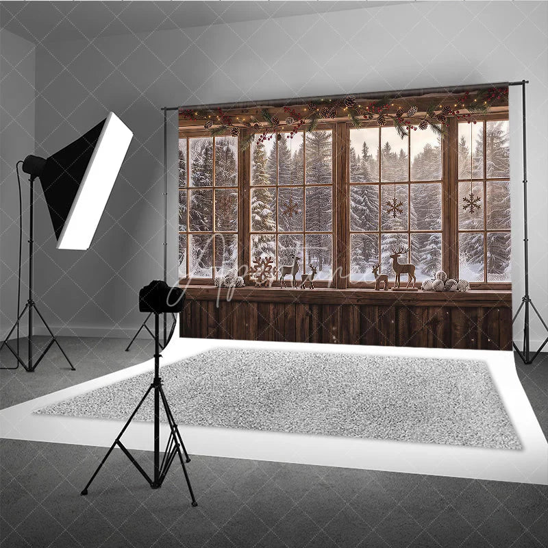 Aperturee - Aperturee Cozy Rustic Wooden Window Photography Backdrop with Snowy Forest View Pinecones Berries and Reindeer Decor