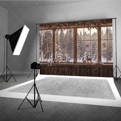 Aperturee - Aperturee Cozy Rustic Wooden Window Photography Backdrop with Snowy Forest View Pinecones Berries and Reindeer Decor