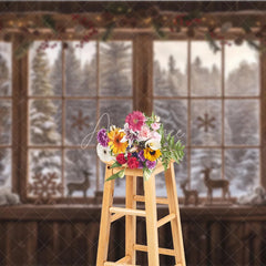 Aperturee - Aperturee Cozy Rustic Wooden Window Photography Backdrop with Snowy Forest View Pinecones Berries and Reindeer Decor