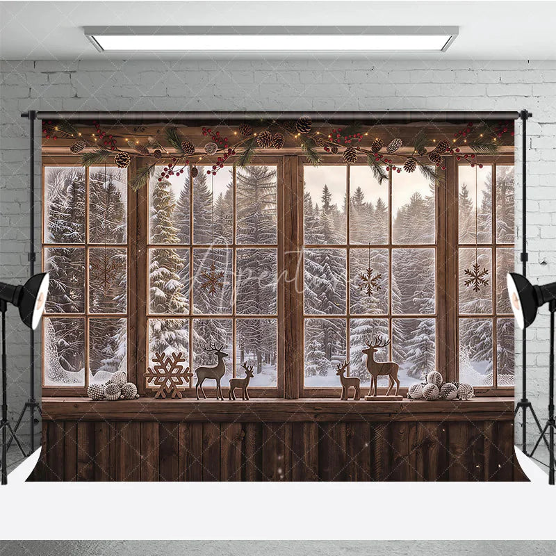 Aperturee - Aperturee Cozy Rustic Wooden Window Photography Backdrop with Snowy Forest View Pinecones Berries and Reindeer Decor